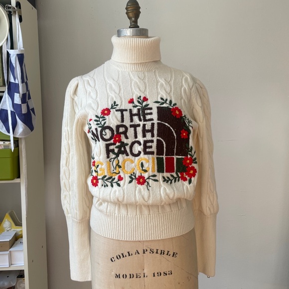 Gucci Sweaters - Gucci x The North Face Cream Cable-Knit Turtleneck Sweater with Floral Logo